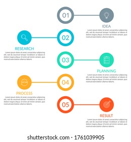 5 steps, option or levels infographic design with business icons. Vertical timeline info graphic template for presentation, information brochure, banner, workflow layout. Vector illustration.