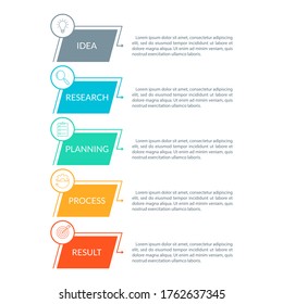 5 pasos, opción o niveles de diseño infográfico con iconos de negocio. Plantilla gráfica de información de línea de tiempo vertical para presentación, folleto de información, pancarta, diseño de flujo de trabajo. Ilustración vectorial.