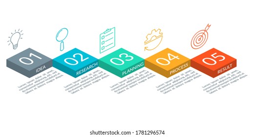 5 Steps, Option Or Levels Infographic Design With Five 3d Or Isometric Squares And Business Icons. Modern Elements For Presentation, Workflow Layout, Timeline Infographics. Vector Illustration.