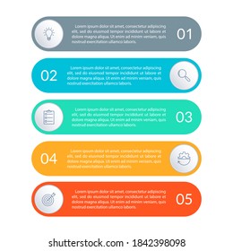 5 steps, option or levels infographic design with business icons. Vertical timeline info graphic template for presentation, information brochure, banner, workflow layout. Vector illustration.