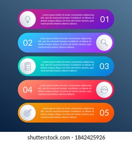 5 pasos, opción o niveles de diseño infográfico con iconos de negocio. Plantilla gráfica de información de línea de tiempo vertical para presentación, folleto de información, pancarta, diseño de flujo de trabajo. Ilustración vectorial.