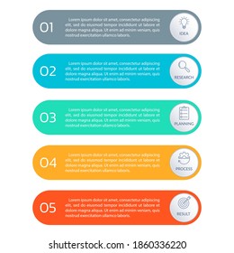 5 steps, option or levels infographic design with business icons. Vertical timeline info graphic template for presentation, information brochure, banner, workflow layout. Vector illustration.