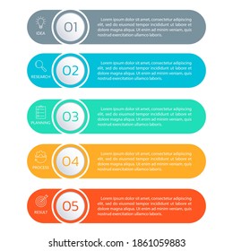 5 steps, option or levels infographic design with business icons. Vertical timeline info graphic template for presentation, information brochure, banner, workflow layout. Vector illustration.