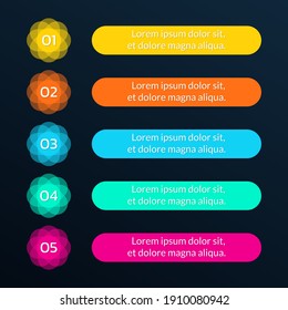5 steps, option or levels infographic design. Vertical timeline info graphic template for presentation, information brochure, banner, workflow layout. Vector illustration.