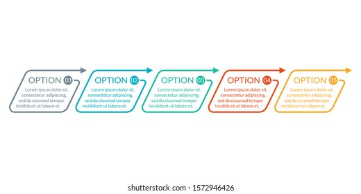 5 steps, option or levels line infographic with arrow. Timeline info graphic. Business presentation, information brochure, banner, workflow layout template. Vector illustration.