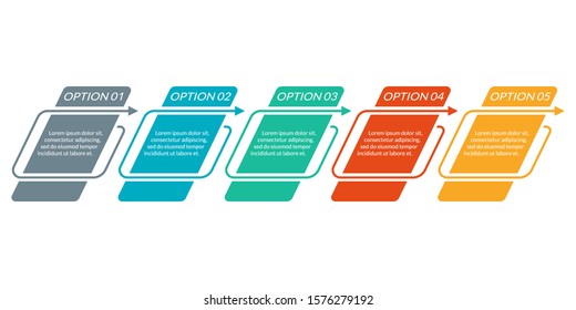 5 steps, option or levels line infographic with arrow. Timeline info graphic. Business presentation, information brochure, banner, workflow layout template. Vector illustration.