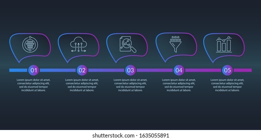 5 steps, option or levels line infographic with arrow. Timeline info graphic. Business presentation, information brochure, banner, workflow layout template. Vector illustration.