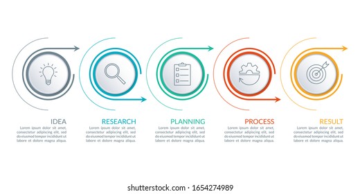 5 steps, option or levels line infographic with arrow. Timeline info graphic. Business presentation, information brochure, banner, workflow layout template. Vector illustration.