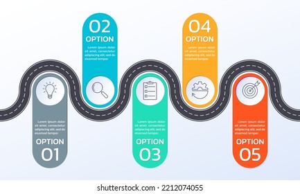 5 steps, option road infographic. Timeline info graphic with business icons. Presentation, process template design with winding asphalt pass or route. Vector illustration.