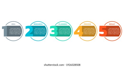 5 pasos o opciones info gráfico con números y círculos. Diseño moderno de procesos de negocios. infografía de línea de tiempo, presentación, plantilla de diseño de flujo de trabajo. Ilustración vectorial.