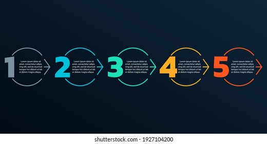 5 pasos o opciones info gráfico con números y círculos. Diseño moderno de procesos de negocios. infografía de línea de tiempo, presentación, plantilla de diseño de flujo de trabajo. Ilustración vectorial.