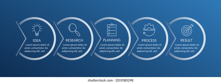 5 pasos o opciones info gráfico con círculos, iconos de negocios y espacio para texto. Proceso comercial, presentación, plantilla de diseño. Diseño infográfico moderno. Ilustración vectorial.