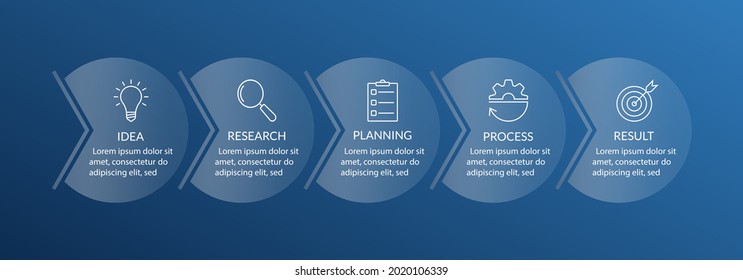 5 steps or options info graphic with circles, business icons and space for text. Business process, presentation, layout template. Modern infographic design. Vector illustration.