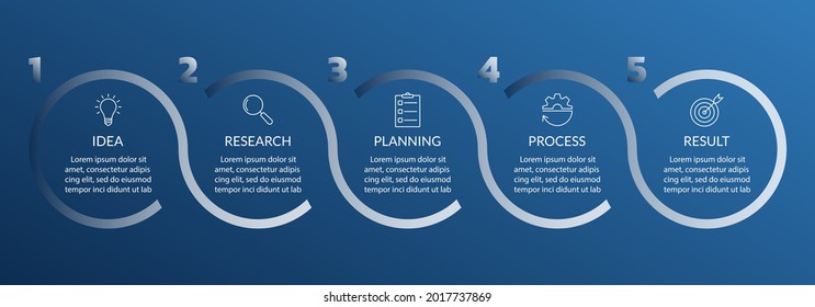 5 steps or options infographic. Business process, presentation, layout template. Chart, timeline info graphic, diagram with abstract circles and modern icons. Vector illustration.