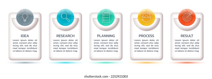 5 steps, options infographic with business icons. 3d timeline info graphic design. Modern presentation layout, flow chart. Process diagram, sequence concept. Vector illustration.