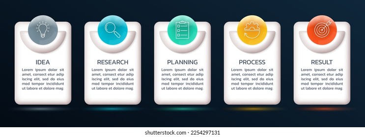 5 steps, options infographic with business icons. 3d timeline info graphic design. Modern presentation layout, flow chart. Process diagram, sequence concept. Vector illustration.