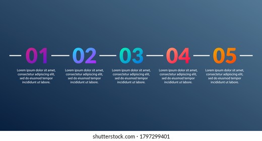 5 pasos, opciones o niveles info grapic plantilla. Diseño de procesos de negocio con cinco números. Elementos modernos para presentación, diseño de flujo de trabajo, infografías de línea de tiempo. Ilustración vectorial.