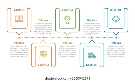 5 Schritte Umriss Quadrat Infografik Element. Modernes und sauberes Design für Präsentationen, Berichte und das Web