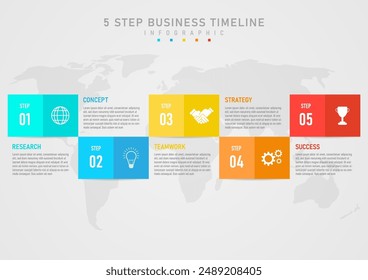 5 steps to planning for success Infographic template A multi-colored square with numbers on the left and an icon on the right below with text. The map below has a gray gradient background.