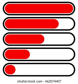 5 steps progress, loading bars in sequence. Step, phase, level, completion indicators