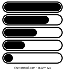5 steps progress, loading bars in sequence. Step, phase, level, completion indicators