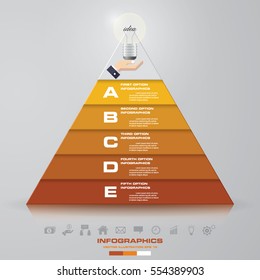 5 steps progression chart in abstract pyramid shape. EPS10. With hand holding light bulb idea sign on top of pyramid.
