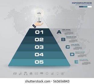 5 steps progression chart in abstract pyramid shape. EPS10. With hand holding light bulb idea sign on top of pyramid.