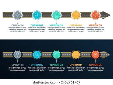 5 pasos de Plantilla de infografía de carretera con flecha. Diseño gráfico de información de roadmap de línea de tiempo. Presentación de negocios, Plantilla de diseño de procesos. Ilustración vectorial.