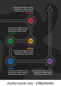 5 steps road map or timeline progress infographic, vector template, dark background