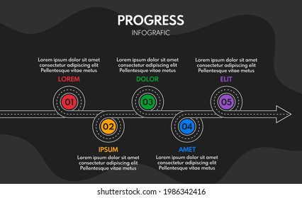 5 Steps Road Map Or Timeline Progress Infographic, Vector Template, Dark Background