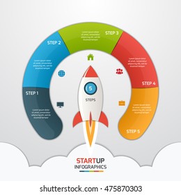 5 steps startup circle infographic template with rocket. Business concept. Vector illustration.