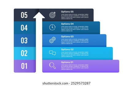 5 Etapas para o modelo de design infográfico de sucesso. Planejamento de negócios, marketing, banner, estratégia e apresentação. Ilustração de vetor.
