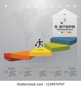 5 steps template for presentation. man walking on stairs use for Infographics design with 5 options timelines. EPS10.