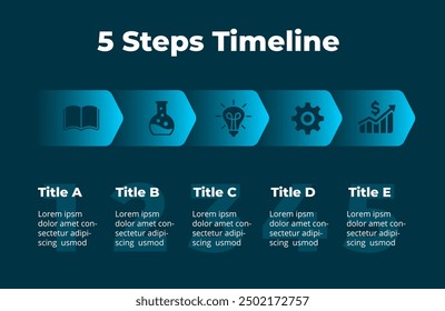 Infografik mit 5 Schritten Zeitleiste Pfeile. Fahrplan. Vorlage für Pfadpräsentation. Straßendiagramm. Workflowstruktur. Teile, Optionen Liniennavigation. Chronisches Flussdiagramm