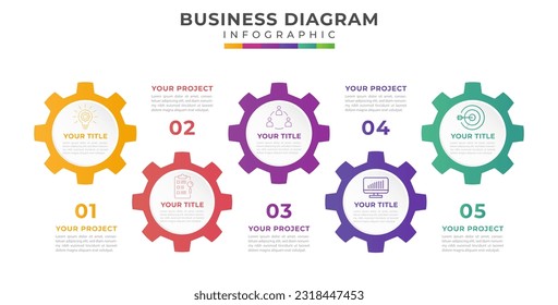 5 steps Timeline diagram with chart gears. presentation vector infographic template for business.