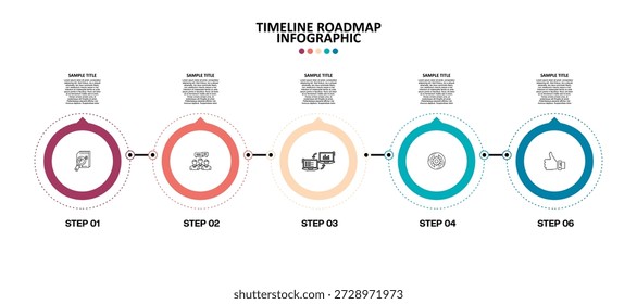 5 etapas Roteiro de diagrama de linha de tempo com tópico circular, vetor de apresentação editável infográfico.