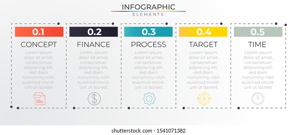 5 steps timeline infographic concept with thin line and icons. Chart process template. Modern vector art for company or corporate business project and presentation. Trendy Eps10 design