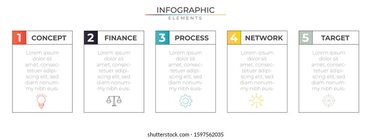 5 steps timeline infographic concept with number and icons. Chart process template. Modern vector art for company or corporate business project and presentation. Trendy Eps10 design