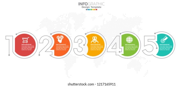 5 Passos cronograma projeto vetorial infográfico e ícones podem ser usados para layout de fluxo de trabalho, diagrama, relatório, web design. Conceito de negócio com opções, etapas ou processos.