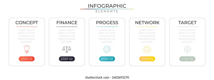 5 steps timeline infographic with text box and icons. Chart process template. Modern vector for company or corporate business project and presentation. Trendy Eps10 design