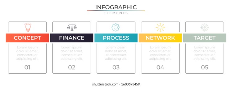 5 steps timeline infographic with text box and icons. Chart process template. Modern vector for company or corporate business project and presentation. Trendy Eps10 design