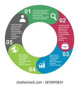 5 steps vector element in five colors with labels, infographic diagram. Business concept of 5 steps or options with empty