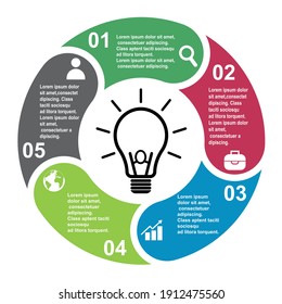 5 steps vector element in five colors with labels, infographic diagram. Business concept of 5 steps or options with bulb .