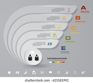 5 steps white color presentation template/5 options/ wing shape graphic or website layout. Vector.
