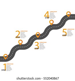 5 Steps Winding asphalt road with pin-pointers. Vector EPS 10