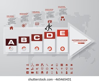 5 steps/levels/charts Infographics vector in arrow shape template. grey map background. EPS10. with set of business icons.