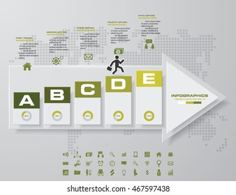 5 steps/levels/charts Infographics vector in arrow shape template. grey map background. EPS10. with set of business icons.