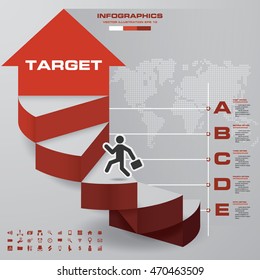 5 steps/levels/charts Infographics vector in arrow shape template. grey map background. EPS10. with set of business icons.