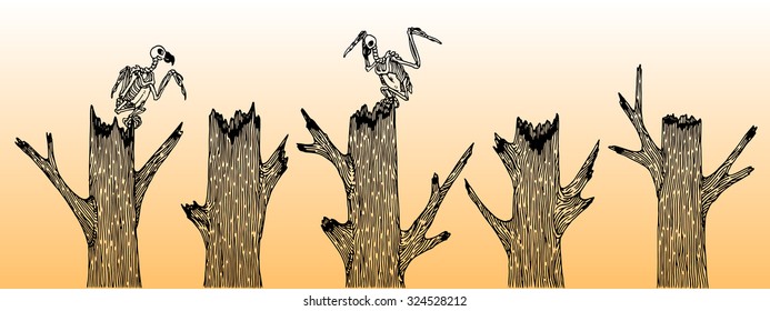 5 styles dead trees with vultures' skeletons,vector illustration 