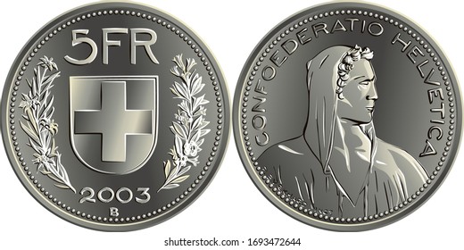 5 Swiss Francs silver coin, obverse alpine herdsman, reverse federal coat of arms, 5FR, branche of edelweiss and gentian, official coin in Switzerland